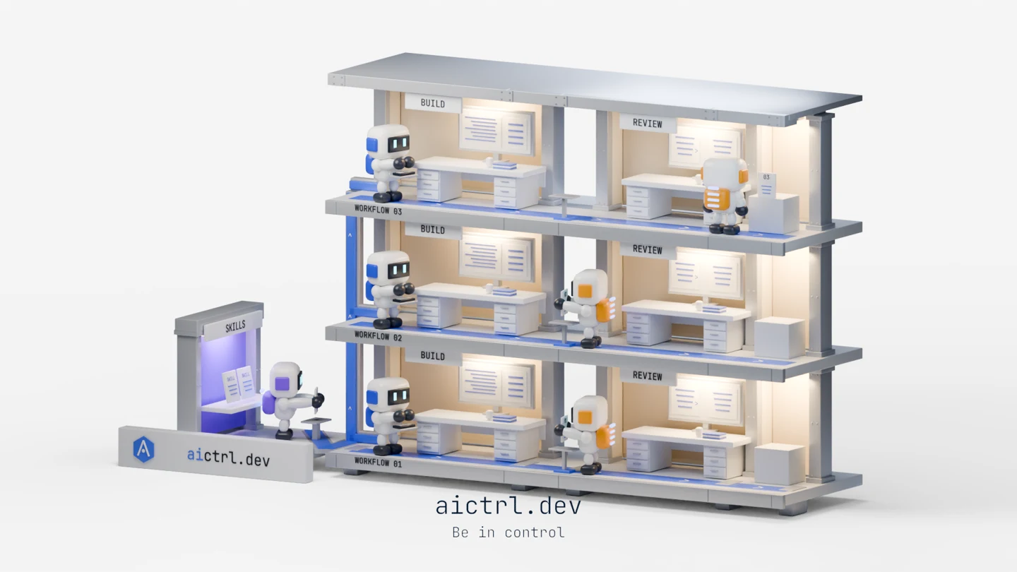 The finished 3D world. The later colour and brand pass, with the perpendicular SKILLS booth and larger aictrl.dev bar. This is the world used as the basis for the product transition.