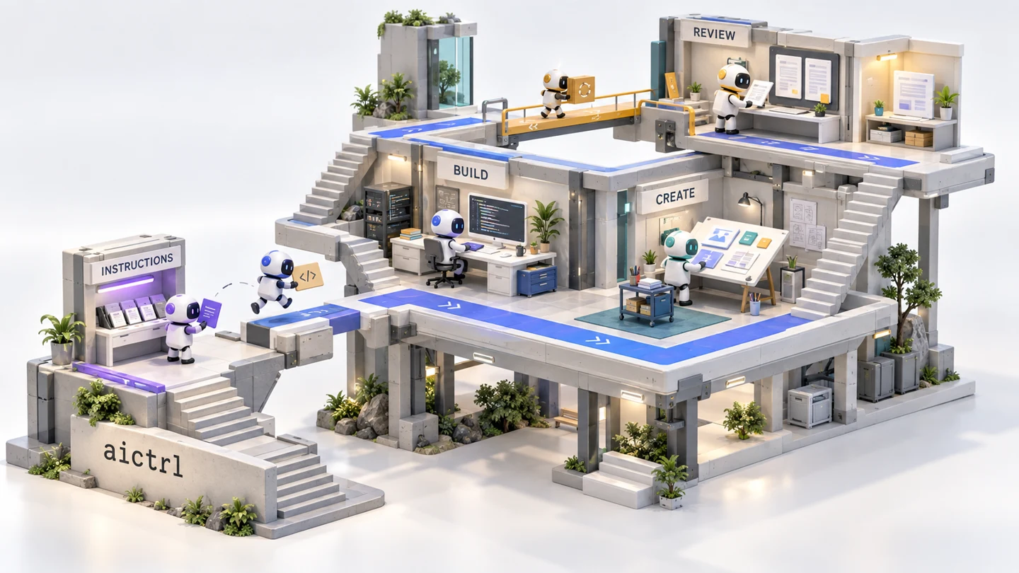 The first concept: a world of different activities. The first version, supplied from the original session. Follow the route from the purple INSTRUCTIONS kiosk past BUILD and CREATE to the upper REVIEW space. Bridges and stairs give the composition depth.